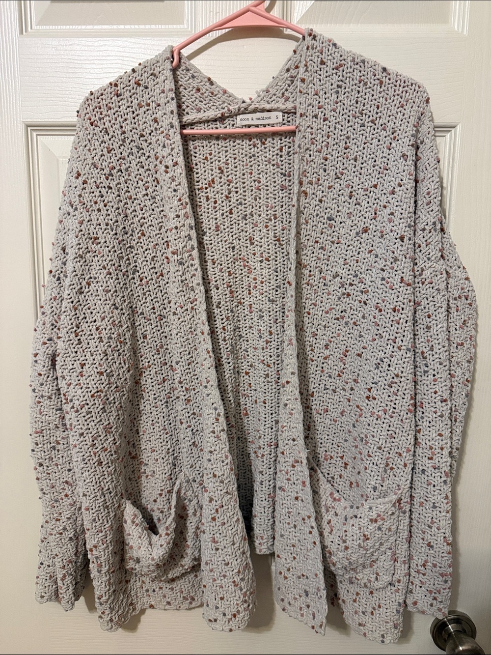 moon & madison cream speckled open-front cardigan with rust flecks